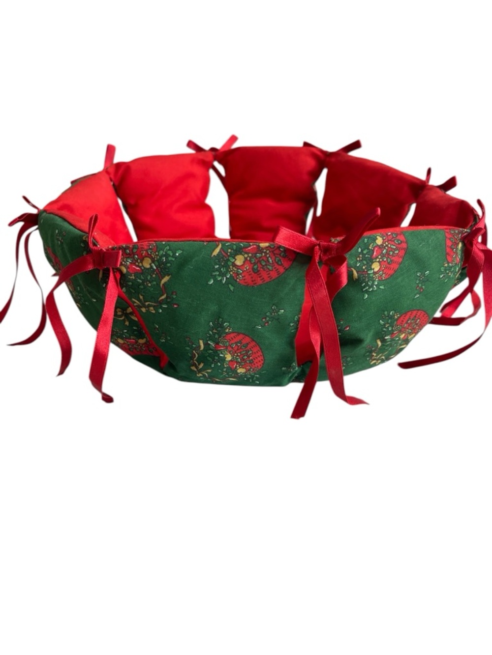 Vintage Handmade Casserole Cozy Red Green Fabric Bowl Ribbon Ties Christmas